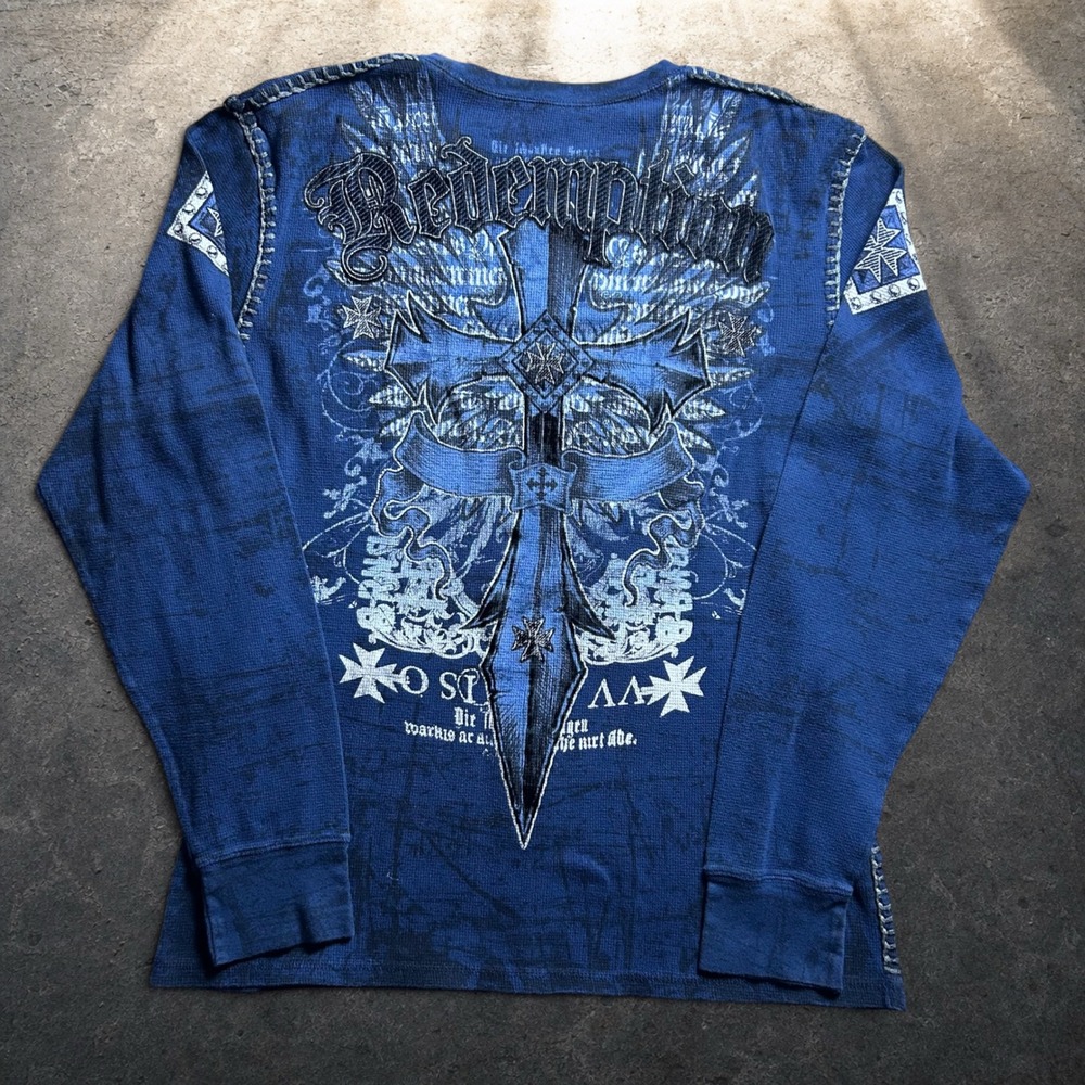 Archaic Redemption Blue Thermal Gothic Cross Shirt Y2K Biker Retro Size 2XL XL